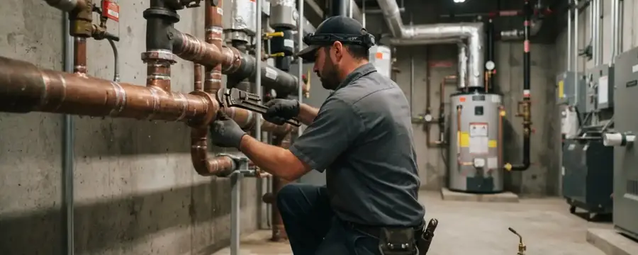 A plumber in a gray uniform kneels beside copper piping in a commercial mechanical room with water heaters behind him.