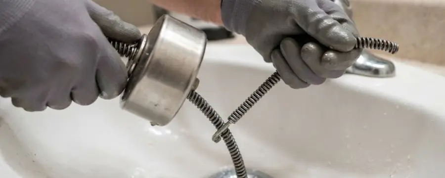 Gloved hands feed a handheld drum drain snake into a bathroom sink drain.