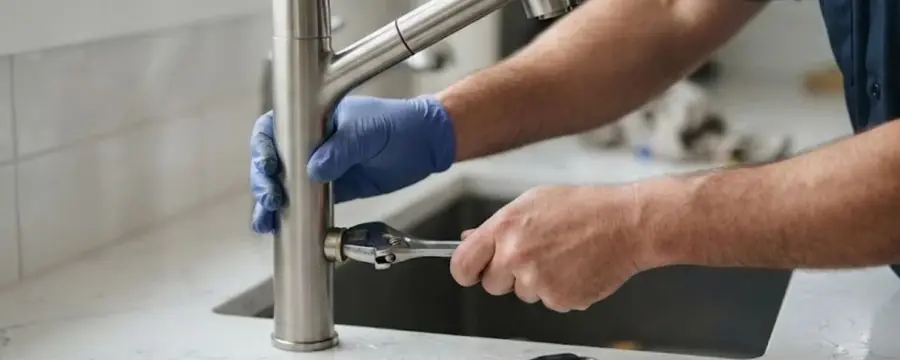 A technician in blue gloves tightens a kitchen faucet with a wrench at a counter.