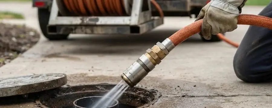 A gloved hand guides a high-pressure jetting hose and nozzle into a sewer cleanout with the hose reel on a trailer behind.