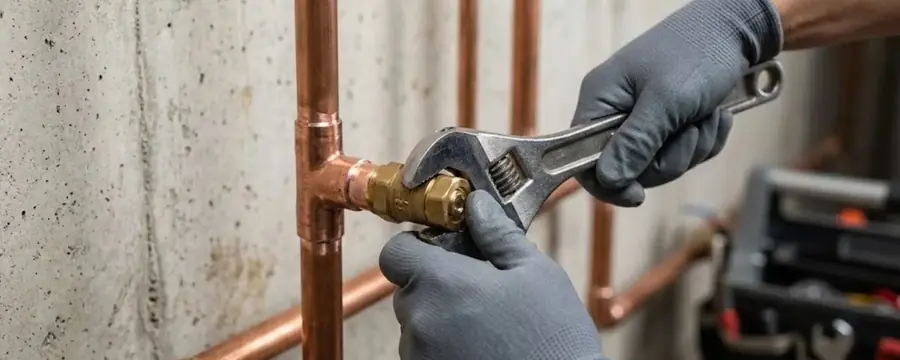 Gloved hands tighten a brass fitting on a copper pipe with an adjustable wrench.
