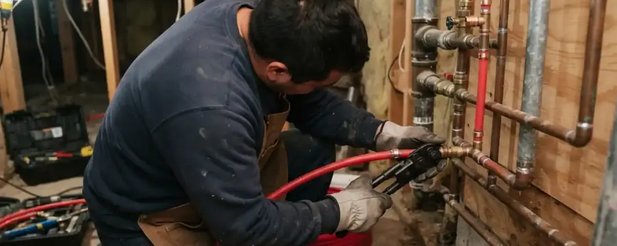 A plumber kneels beside an open wall and connects red PEX tubing to older metal pipes.