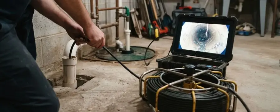 A technician feeds an inspection camera cable into a basement sewer cleanout while a monitor shows the pipe interior.