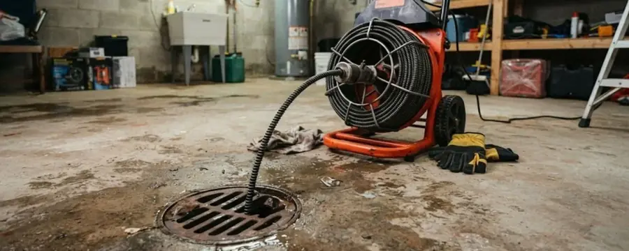 A drain cleaning machine with its cable feeding into a floor drain in a garage.