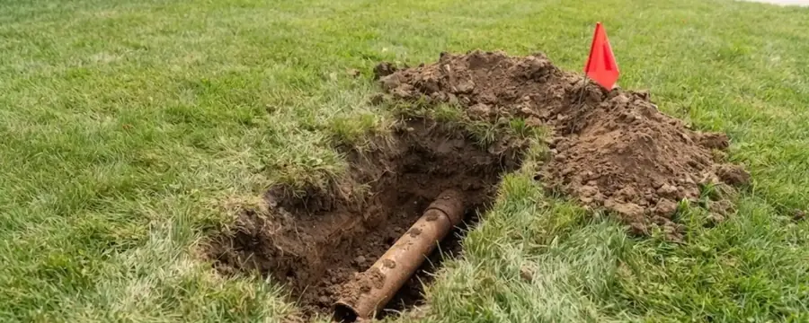 An open trench in a front lawn exposes an old buried sewer pipe, with an orange safety cone beside the dirt pile.