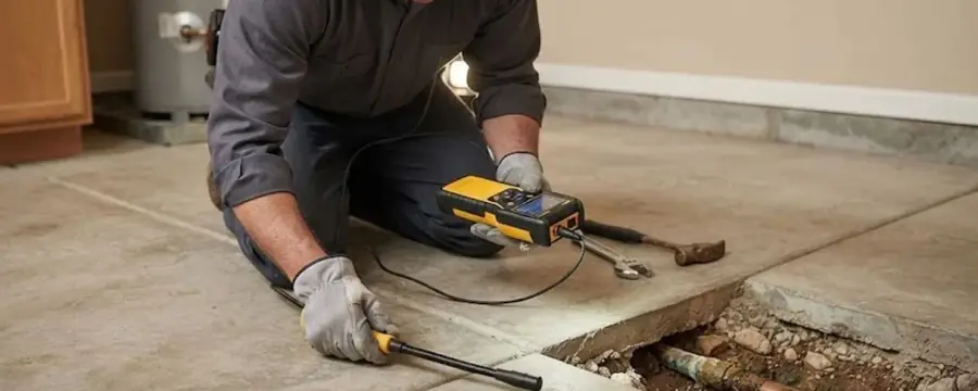 A technician kneels on a concrete floor with an electronic leak locator beside a section opened to expose a pipe.