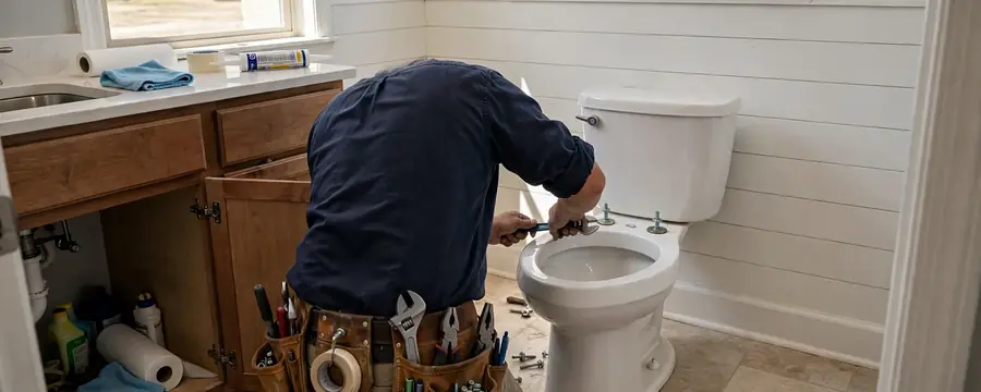 A plumber wearing a tool belt kneels beside a toilet in a bright bathroom and works at its base.