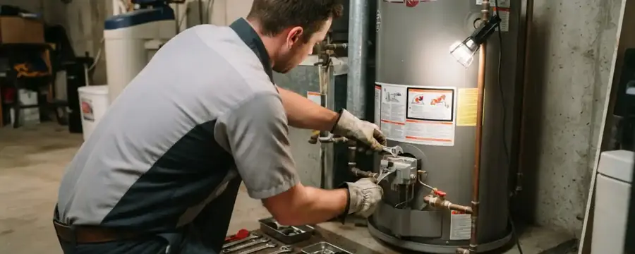 A technician in a gray work shirt kneels at a gas water heater with its access panel open and a tool kit beside him.