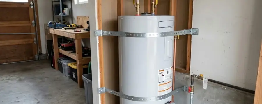 A white tank water heater braced to the wall with two steel straps in a garage.