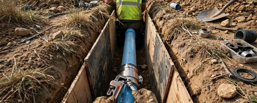 A worker in a high-visibility vest stands in a braced trench beside a blue water service pipe.