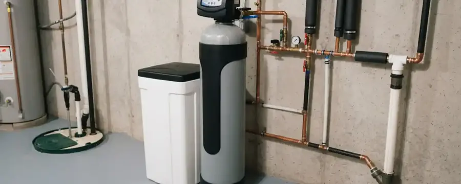 A water softener with a resin tank and brine cabinet connected to copper plumbing in a utility area.